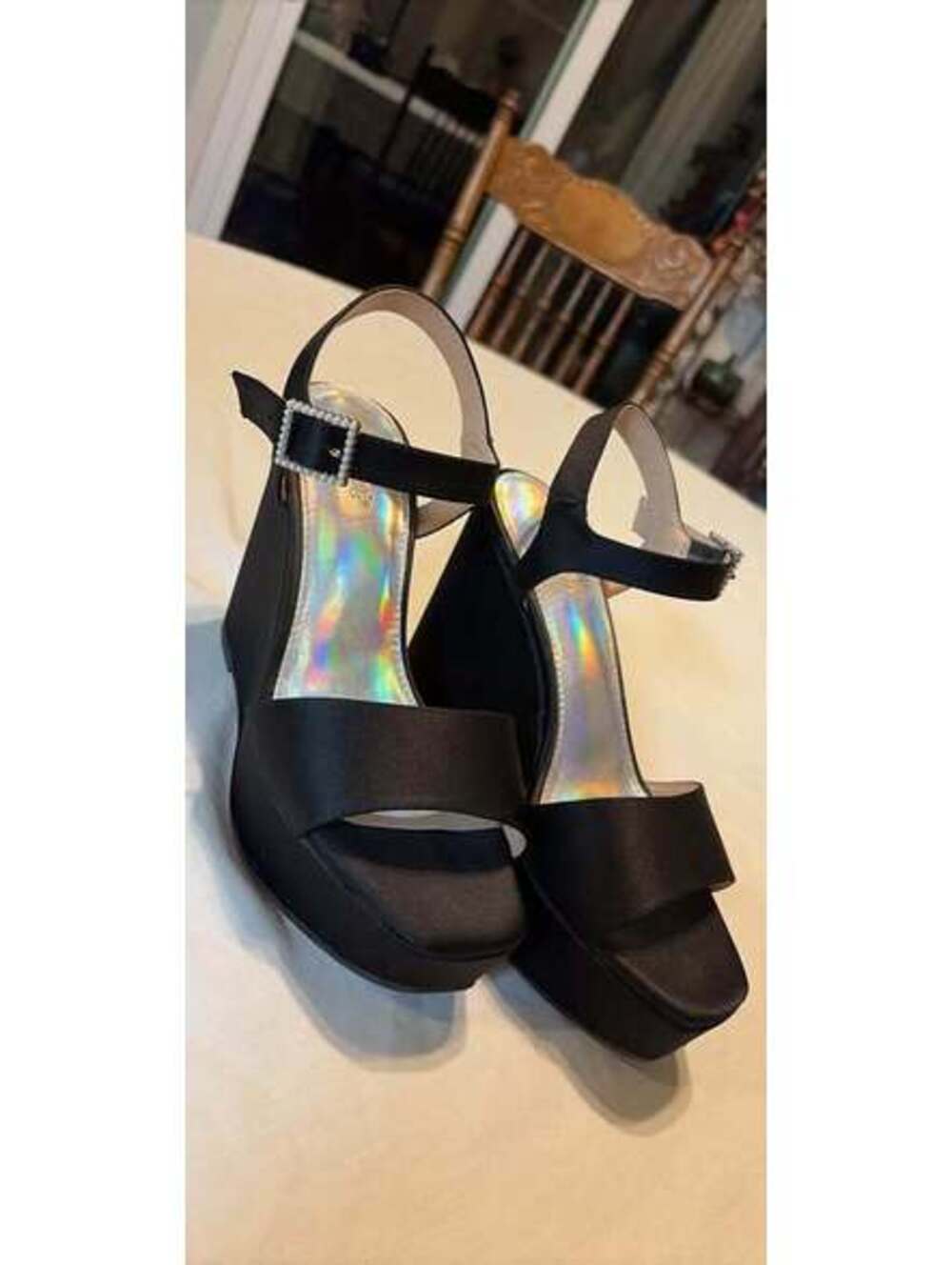 Maripi Black Dress Satin Platform Wedge Sandals